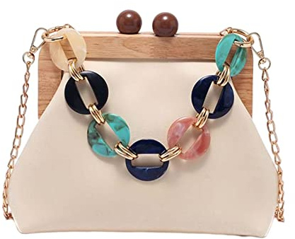 Duiaynke Damen Kette Umhängetasche PU Leder Abnehmbarer Schultergurt Umhängetasche Handtasche, Weiss/opulenter Garten