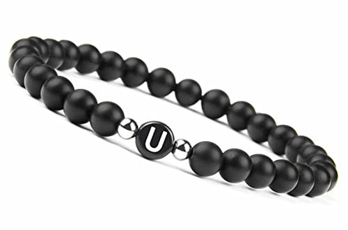 Whoiy Herrenarmband, Agate Armband Legierung Schwarz Elastische Perlen mit Dem Buchstaben U Jubiläumsgeschenk Perlenarmband 17cmx6mm