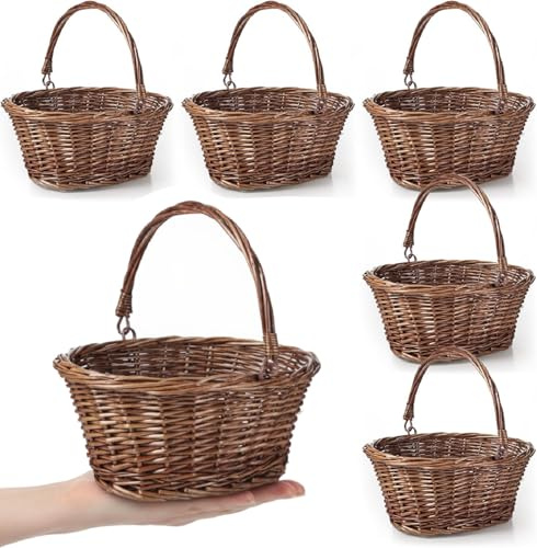 Barydat Small Wicker Basket with Handle Flower Girl Baskets Oval Willow Woven Braided Gift Basket for Weddings Picnic Baby Shower Home Garden Decor(6 Pcs,Brown,9 x 7 x 4)