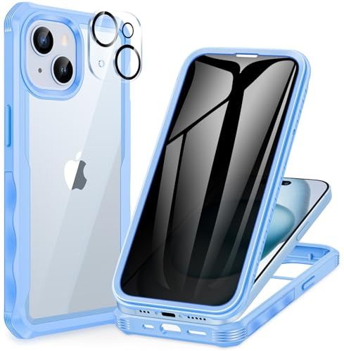 CENHUFO Sichtschutz Hülle für iPhone 15, mit Eingebautem Privacy Panzerglas Displayschutz und Kameraschutzfolie 360 Grad Handyhülle Schutzhülle Stoßfest Bumper AntiSpy Cover komplett Case - Blau