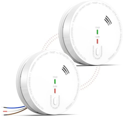 Andyssey GS517A Wired Smoke Alarm Mains powered, Interlinked Mains Smoke Detector 1 Year Replaceable Battery Back-up, Fire Alarm with Silence Button, EN 14604 Standard (2-PACK)