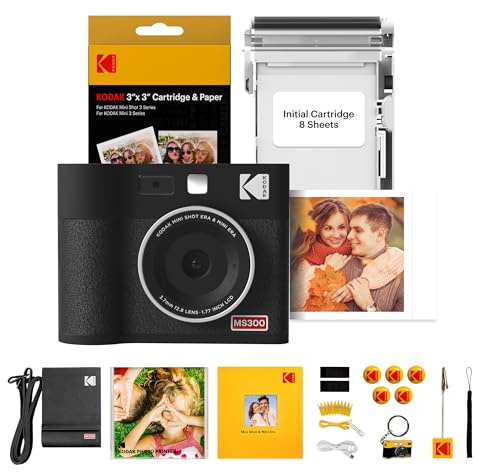 KODAK Mini Shot 3 ERA 3x3 Instant Camera, 38 Sheets Gift Bundle, Black | Bluetooth, iPhone & Android Smartphone Compatible, 13MP Camera, Retake Before Printing, Water, Fingerprint & Fade Resistant
