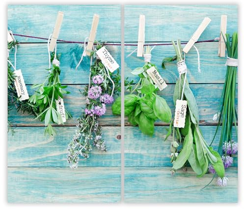 SMTDeco Herdabdeckplatte 2×30×52 cm – Mehr Arbeitsfläche, Spritzschutz & Schneidebrett – ESG Glas, kratzfest – für Induktion/Ceranfeld – 2-teilig, Motiv Kräuter Holz Türkis
