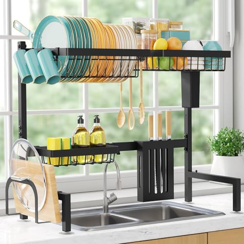Sakugi Over The Sink Dish Drying Rack - Adjustable 2 Tier Large Capacity Stainless Steel Drainer with Cutlery & Utensil Holders, Kitchen Storage & Organization, 30-33.9 L x 11 W x 21.5 H, Black