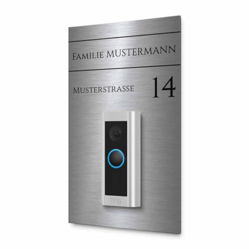 Modernes Klingelschild für Funkklingel Ring Video Doorbell Pro 2 - personalisiertes Türschild aus Edelstahl mit Gravur | kompatibel mit Ring Klingel - hochwertiges Funkklingel Zubehör