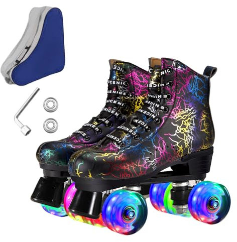 Ugboiu Rollschuhe für Damen und Herren, Schwarz Derby Rollschuhe mit 4 glänzenden Rollen, Klassische zweireihige Rollschuhe für drinnen und draußen