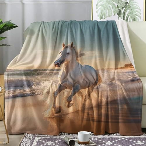 Kuscheldecke Weiß Pferde Flauschig Decke 130x160 Ozean Strand Fleecedecke Sofadecke Couchdecke, Flanell Decken Blanket, Kleine Wohndecke Winter Warm Weich