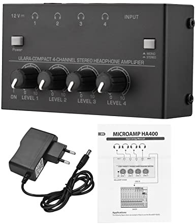KOCAN Amplificateur de casque stéréo ultra-compact à 4 canaux Mini ampli audio amélioré avec interrupteur mono et stéréo Adaptateur secteur Amplificateur audio mono/stéréo professionnel pour studio et