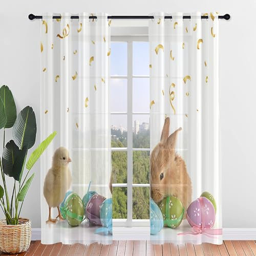 ENEN 2er Set Scheibengardinen Modern Halbtransparent Bistrogardine, 3D-Bunte Eier Schlaufengardinen Gardinen Küche, Türgardine für Ostern Dekorationen Wohnzimmer (80x115cm,Kaninchen)