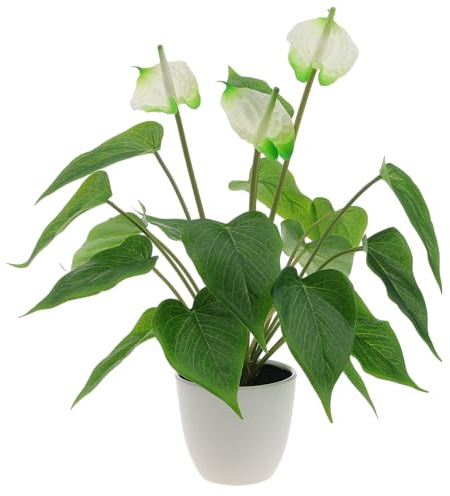 Quancru 42cm Künstliche Anthurium Andraeanum Blumen Gefälscht Heimdekoration Blumenstrauß Grüne Pflanze Blätter Topf DIY Büro Hauseinweihung