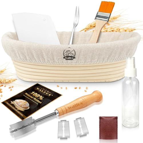 Walfos Oval Banneton Proofing Basket, 10in Sourdough Proving Basket Set, 100% Natural Rattan, for Home and Professional Bakers, with Dough Scraper, Bread Lame, Spray Bottle, Cleaning Brush&Bread Fork
