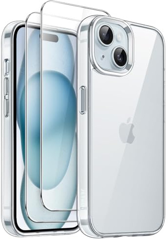 JETech 3 in 1 Case for iPhone 15, Anti-Yellowing, Clear | 2 Tempered Glass Screen Protectors, Shockproof Bumper Phone Cover