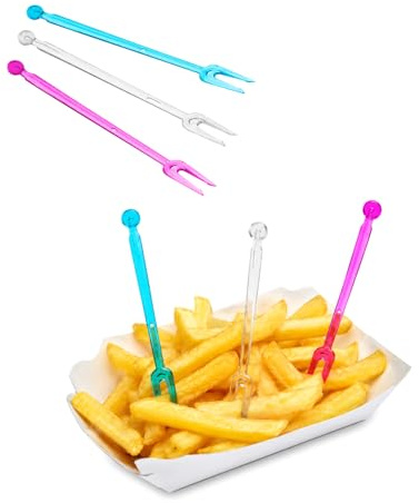 Paluplus 1000 Forchettine a 2 punte RIUTILIZZABILI, lunghezza 8,5 cm, forchette da Aperitivo per alimenti, Finger Food, Stuzzichini, colori misti Trasparente, Lilla e Celeste -NFC