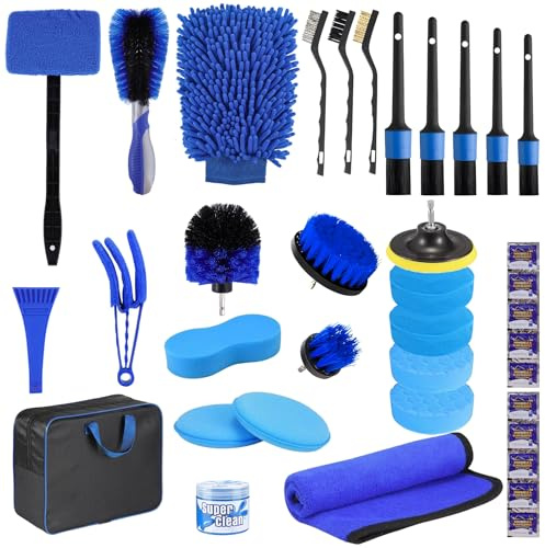 34 Pcs Car Cleaning Kit, Car Detailing Kit with Brushes, Car Wax, Wash Mitt | Car Washing Kit, Car Care Set to Clean Interior, Exterior, Wheels & Dashboard for Car, Motorcycle and Bike