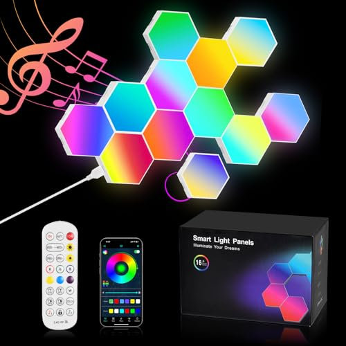 URAQT Hexagonal LED Pared Luces 12pcs RGB Gaming Panel, 16 Millones Colores Paneles LED Hexagonal, Sincronización de Música Hexagonales Gamer Habitacion Pared Decoracion Lampara Smart App