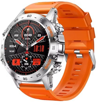 Mens Military Smartwatch Bluetooth Answer/Make Call for Android iOS Phone Long BTRY 1.39 Outdoor Sports Activity Fitness Tracker Orange Silicone Strap Music Smartwatches Health Monitor (Orange)