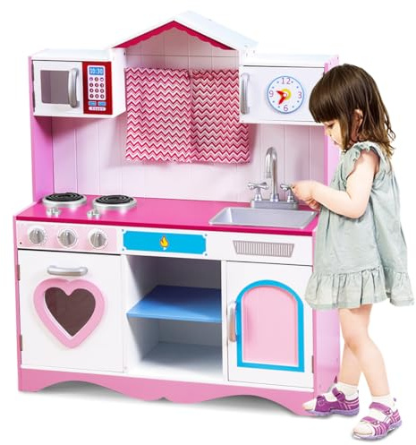 HOMASIS Cocina Infantil de Madera, Cocinita de Juguete con Fregadero, Horno y Microondas, Juguete Educativo para Niños a Partir de 3 Años, 82x30x100,5 cm, Rosa