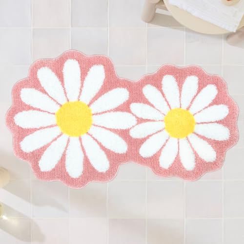 Badezimmerteppich, Gänseblümchen, niedlich, Blumenmuster, rutschfest, saugfähig, Mikrofaser, Badezimmerdekoration für Schlafzimmer, adrette Räume, Waschbecken, Badewanne, 60 x 100 cm, Rosa