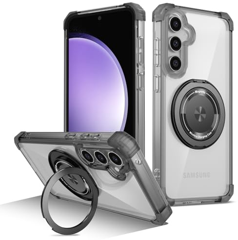 Kainevy for Samsung S24 FE Case Clear Compatible with MagSafe with Stand Metal Ring Holder Phone Cover Samsung Galaxy S24 FE Case Slim Magnetic Hard, 8X Mil-Grade Shockproof Protective (Black)