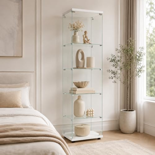 JDEFARF Vitrina de Cristal con 4 Estantes - Vitrina Expositora Blanca para Colecciones, Estantería de Pie para Sala de Estar y Dormitorio - Moderna y Elegante para Decoración y Almacenamiento