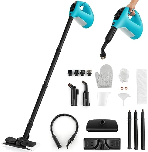 GYMAX Pulitore a Vapore Portatile, Vaporizzatore a Pressione 1400W per Pulizia, Pulitore a Vapore Multiuso con 14 Accessori per Cucina, Bagno, Pavimenti, Divani, Veicoli, Finestre (Blu)