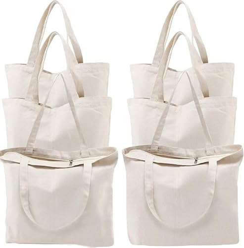 Malloom 6 STÜCK Baumwolltasche 34x40 cm, Jutebeutel mit Reißverschluss und kurzen Henkeln, unbedruckt Stoffbeutel Einkaufstasche für Sport, Shopping, Lebensmittel