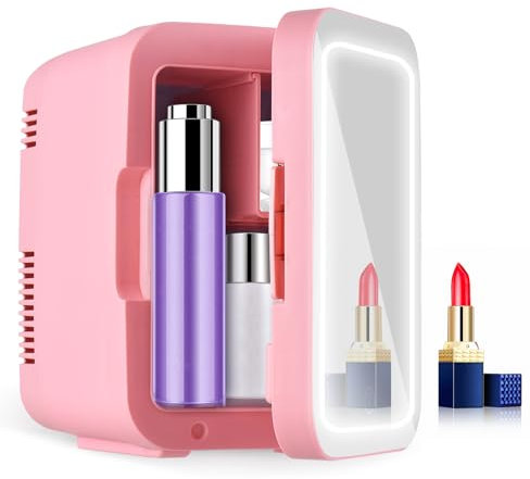 Brrnoo Mini Frigo da 4 Litri per Cosmetici e Cura della Pelle, Frigorifero e Scaldavivande Portatile con Specchio LED Dimmerabile, Piccolo Frigorifero AC DC 12V per Casa, (Spina europea)