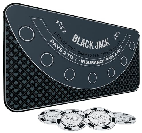 iEsstros Blackjack Mat 70 x 35 Blackjack Table Top Mat 21 Black Jack Mat for Casino Table Rubber Poker Mat with Storage Bag 6 Coasters for Casino Games -Black
