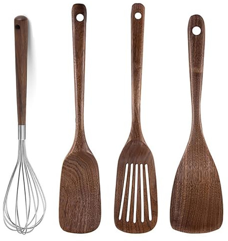 UPTALY Lot de 4 ustensiles de cuisine en bois (B6), cuillères en noyer noir naturel, louche épaisse, spatule ajourée en bois, cuillère à mélanger extra longue, grattoir