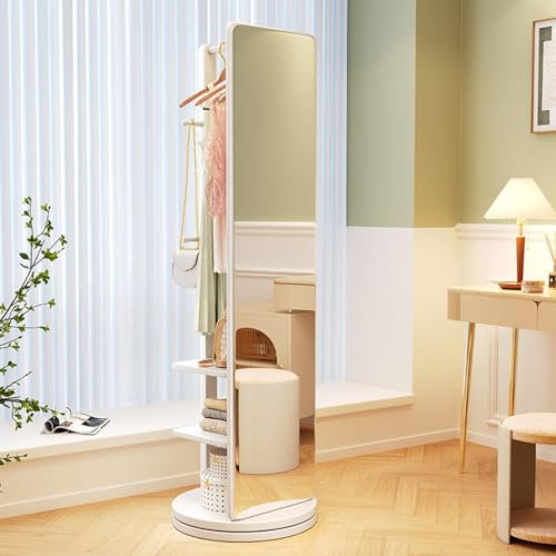 Specchio girevole a 360° a figura intera con appendiabiti, Specchi da terra in legno massiccio e appendiabiti, per camera da letto e soggiorno, design salvaspazio 2 in 1(white)