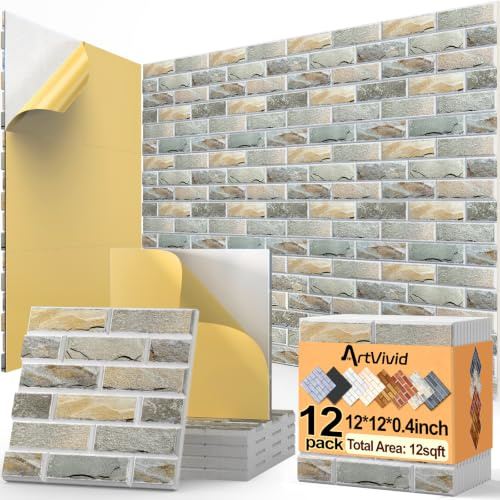 ArtVivid 12Pack Acoustic Panels, Brick Pattern Sound Proof Panels for Walls | 12×12×0.4, Stone, NRC>0.95 Absorbs 40%-60% Noise, High Density, Self-Adhesive Easy Install, for Recording Studios Office