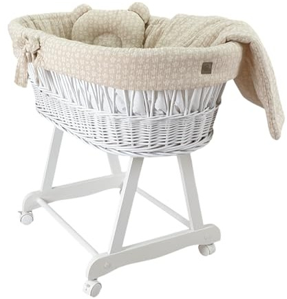 Wiklinopol Stubenwagen aus Weide mit Gestell & Matratze Amelia – Moseskorb in Weiß – Set Musselin-Bettwäsche in Beige Zweige – Weidenkorb, Tragbar, Ideal für Neugeborene