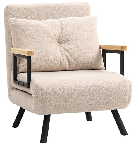 HOMCOM Sofá Cama de 1 Plaza Sofá Cama Plegable Tapizado en Borreguito con Respaldo Ajustable de 5 Niveles y Almohada Acolchada para Oficina Dormitorio Salón 63x73x81 cm Beige
