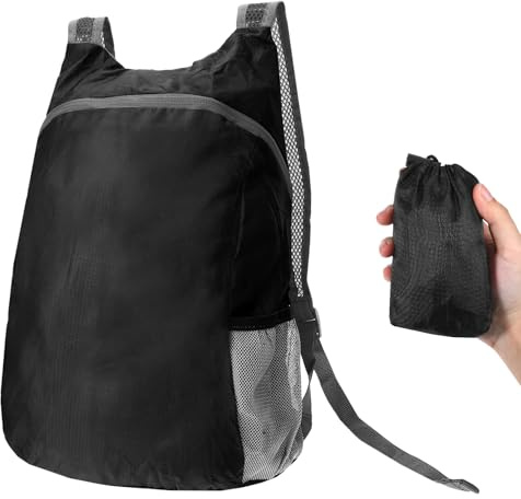 Faltbarer Rucksack Schwarz 20L, Leichter Rucksack Faltbar Ultraleicht Wasserabweisend, Faltrucksack Praktischer Reiserucksack Faltbar, Packbarer Wanderrucksack Klein für Herren Damen Reisen Camping