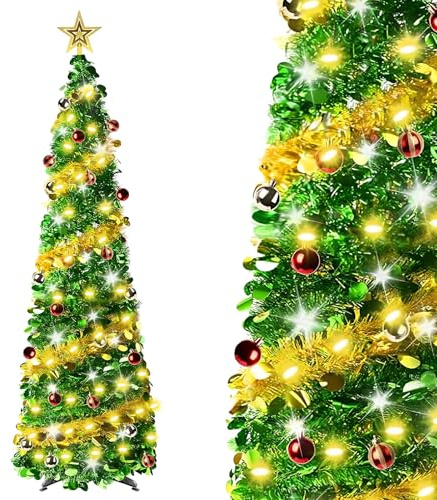 Árbol de Navidad con iluminación, 150 cm Pop Up, árbol de Navidad artificial plegable con lentejuelas, árbol de Navidad desplegable para decoración interior