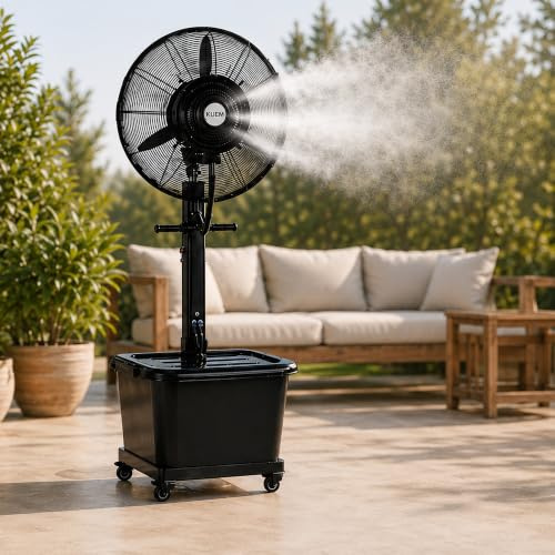 KOEM Ventilatore Nebulizzatore Magnum Nero Ø 76 cm a Piantana | Elettrico, Oscillante, Raffrescatore Lunga Distanza, 3 Velocità con Serbatoio e Ruote, Uso Civile e Industriale