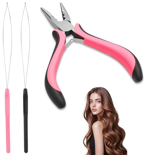 3 Pcs Professional Nano Hair Extension Tools: 1 PcsHair Extension Pliers Kit Nano Beads Pliers & 2 Nano Bead Threader ToolHair Pull Through Tool, for Easy Hair Extensions and Removal