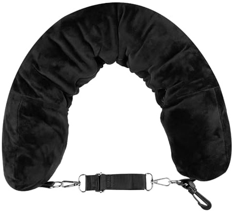 Skynzor Almohada de Viaje, Almohada Avion con Bandolera Ajustable Desmontable, Cojin Cuello, Rellenable Ropa en Forma de U para Viajar en Coche o Vuelo(Negro)