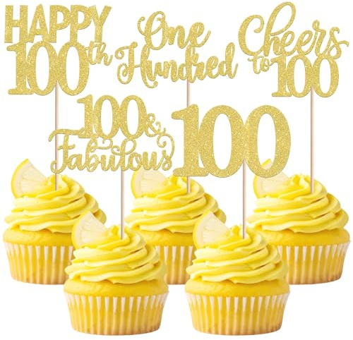 SYKYCTCY 30 Pack 100th Birthday Cupcake Toppers Glitter One Hundred Fabulous 100 Cheers to 100 Cupcake Picks Happy 100th Birthday Cupcake Decorations Anniversary Party Supplies
