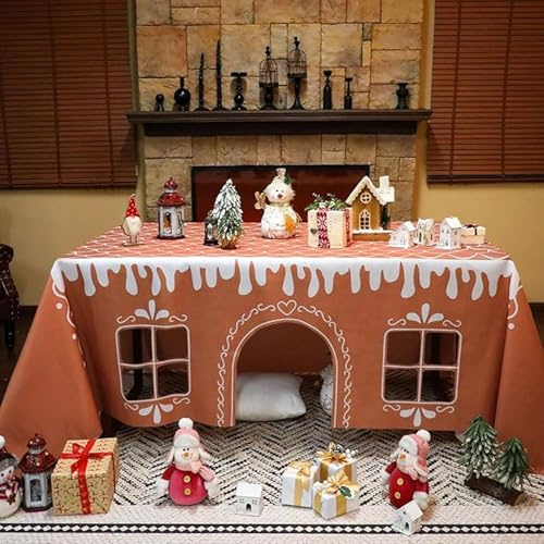 WPDUIODF Gingerbread House Christmas Tablecloth, Funny Christmas Tablecloth Rectangle, Washable Xmas, For Party Dining Room Kitchen Decor,Indoor & Outdoor Table Cover Playhouse(59 Inch x 71 Inch)
