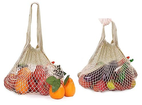 HOMSPE Paquete de 2 bolsas reutilizables para productos (bolsa larga + bolsa corta), bolsas de malla 100% algodón, doble asa de malla para compras