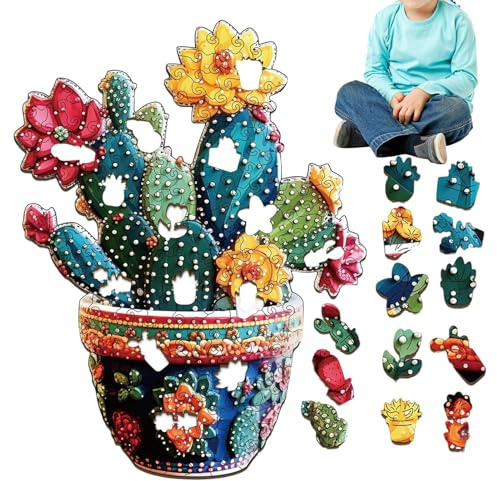 Puzzle en Bois Cactus,Jeu Familial Coloré et Amusant en Bois | Puzzle Vase de de Cactus pour Adultes et,pour Adultes, Adolescents, Garçons, Filles Ainsi Que pour Les Amateurs de Jeux