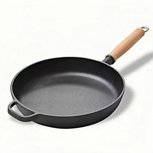 MYHUNJA Padella in ghisa da 25 cm, senza rivestimento, padella in ferro non adesiva con manico in legno per frittata, bistecca, frittelle e carne alla griglia