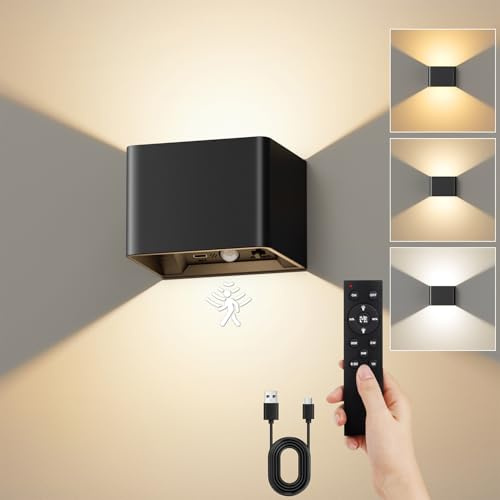 VIWAVE Akku Wandleuchte Innen mit Bewegungsmelder, Schwarz | 3 Lichtfarben, Stufenlos dimmbar, Fernbedienung, 5200-mAh-Akku, 0.5/1h Timer, Dauerlicht/Sensormodus, Bohrfreie Montage