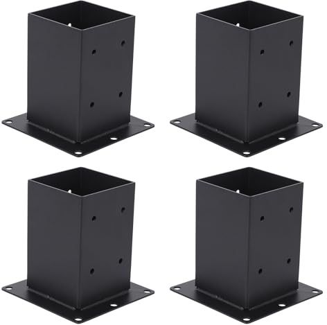 4 Pcs Post Base Kit , 90x90 mm Heavy Duty Powder-Coated Fence Post Anchor, Easy Installation Pergola Bracket Kit 4-Way, Fixings Included, Steel Square Support Base for Deck Fence Pergola(4x4)