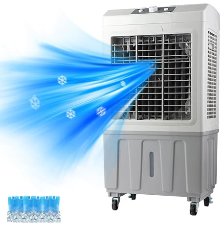 Enfriador de aire evaporativo industrial, ventilador oscilante de 120°, tanque de agua de 50 litros, 3 velocidades, 6 paquetes de hielo para habitaciones grandes, patios y garajes