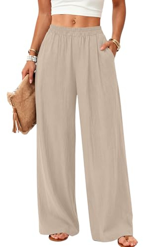 Rapbin Ladies Linen Trousers Summer Wide Leg Pants with Pockets Khaki