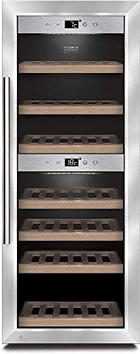 Caso WineComfort 38 | Weinkühlschrank für 38 Flaschen | 2 Zonen auf 5-20°C einstellbar, Touch, LED beleuchtet freistehend, UV-Filterglas, Edelstahl
