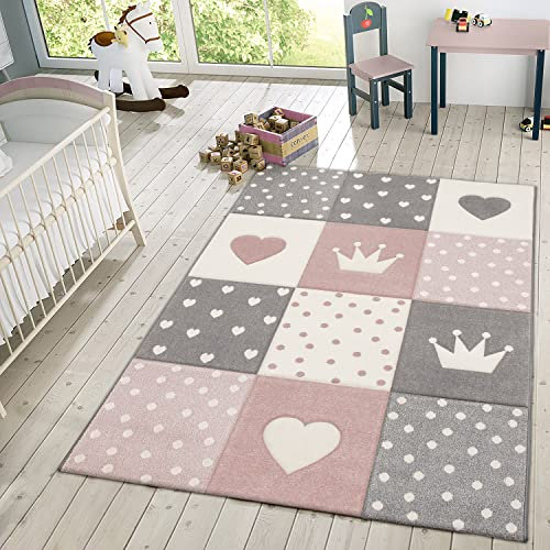 TT Home Kinderteppich Teppich Kinderzimmer Mädchen Kinder 3D Prinzessin Sterne Krone, Farbe:Grau Rosa Creme, Größe:120 cm Rund
