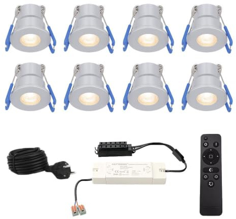 HOFTRONIC - Milano - 8er LED-Einbaustrahler 12 Volt - Beleuchtung Terrassenüberdachung - Dimmbar - Komplettset mit Fernbedienung - 3W - Plug & Play - 2700K 200lm - IP65 wasserdicht - Edelstahl